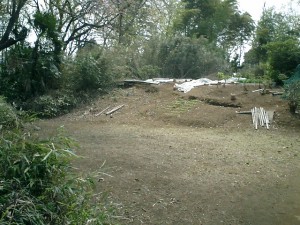 主郭から北に大手らしい道が下っていく。民家と畑、庭が連なる。